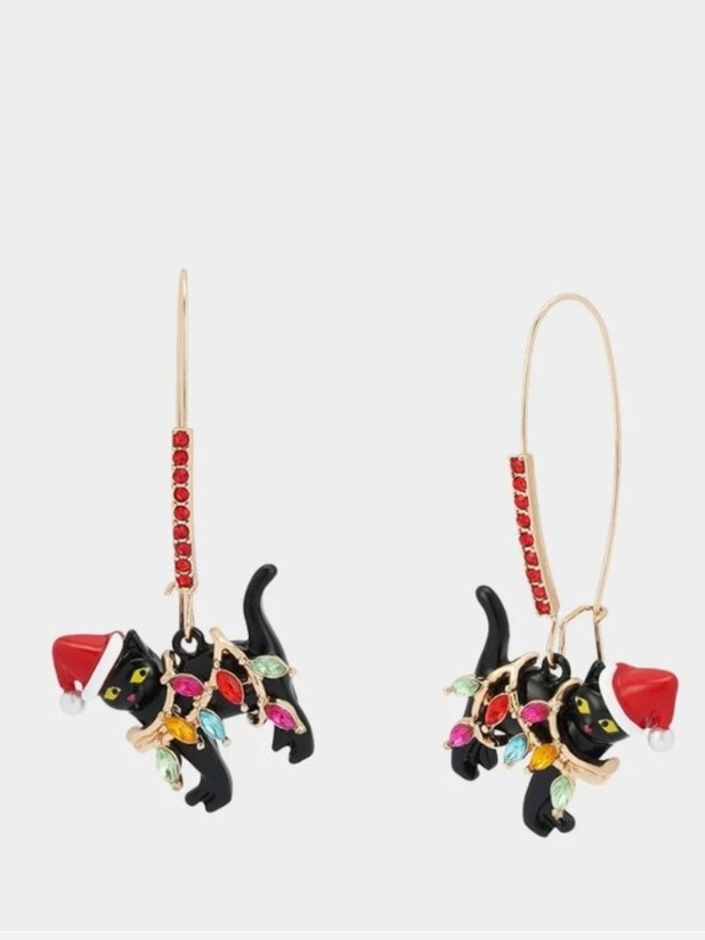 👉✨️ Betsey Johnson Black Cat Drop Earrings with Red Hat and Multicolor Stones